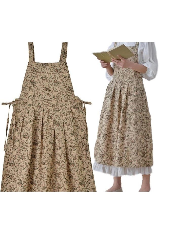 Floral Print Cotton Apron, Waterproof, Adjustable, Extra Long with Pocket - Brown - Image 1