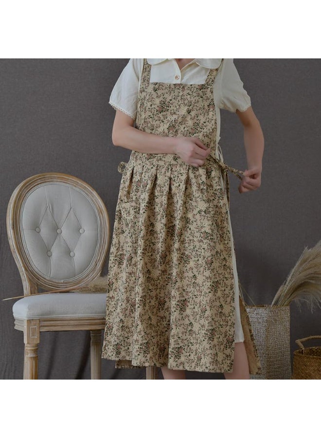 Floral Print Cotton Apron, Waterproof, Adjustable, Extra Long with Pocket - Brown - Image 4