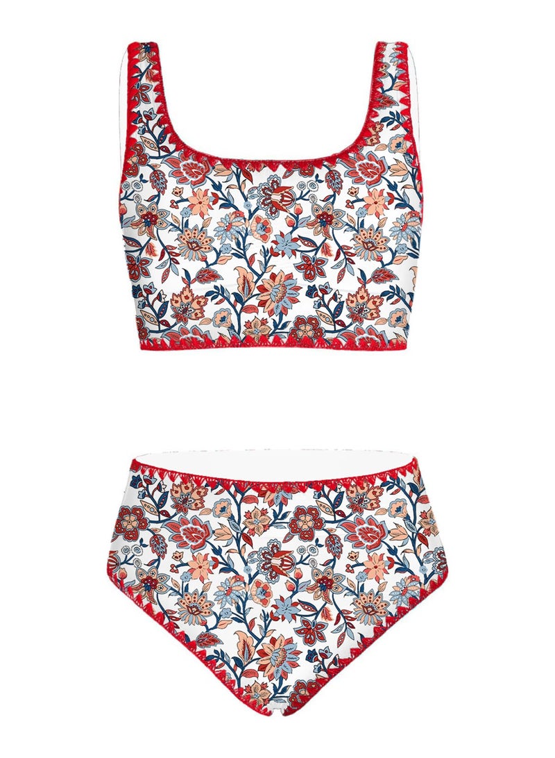 blibean Tween Girl Swimsuits Little Kids Girls Summer Swim Bathing Suits Teen Fashion Two Piece Bikini Boho Hawaii Swimwear Beach Sets Traje BaÃ±o NiÃ±as Size 12-13 Year Old Red Floral - Image 1