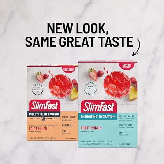 SlimFast Hydration Packets, Intermittent Fasting Electrolytes, Drink Mix Packets, Intermittent Fasting Powder, Energy Powder Drink Mix, Caffeine, Electrolytes for Hydration, Fruit Punch (12 Count) - Image 2