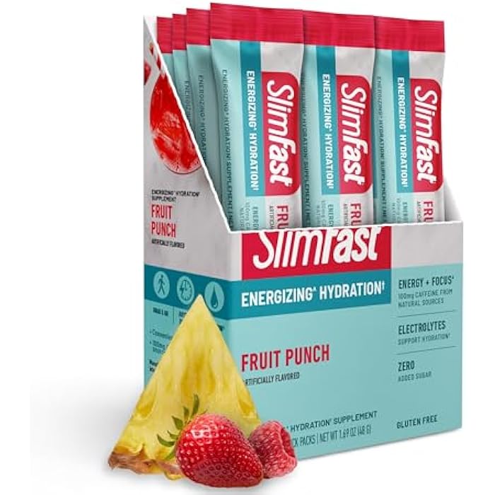 SlimFast Hydration Packets, Intermittent Fasting Electrolytes, Drink Mix Packets, Intermittent Fasting Powder, Energy Powder Drink Mix, Caffeine, Electrolytes for Hydration, Fruit Punch (12 Count) - Image 1