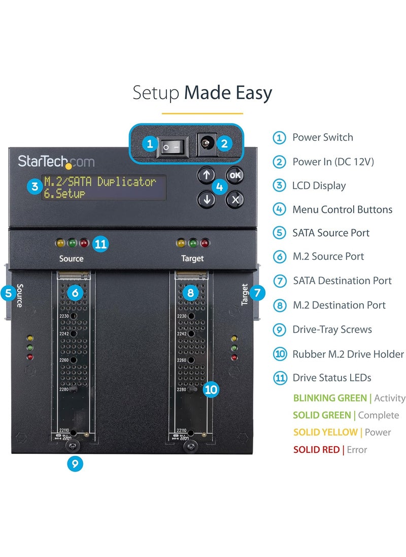StarTech StarTechcom Standalone Dual Bay M2 SATANVMe DuplicatorEraser HDDSSD ClonerWiper for M2 PCIe AHCINVMe M2 SATA 2535in Drives Hard Drive SanitizerCopier TAA SM2DUPE11Black  - Image 4