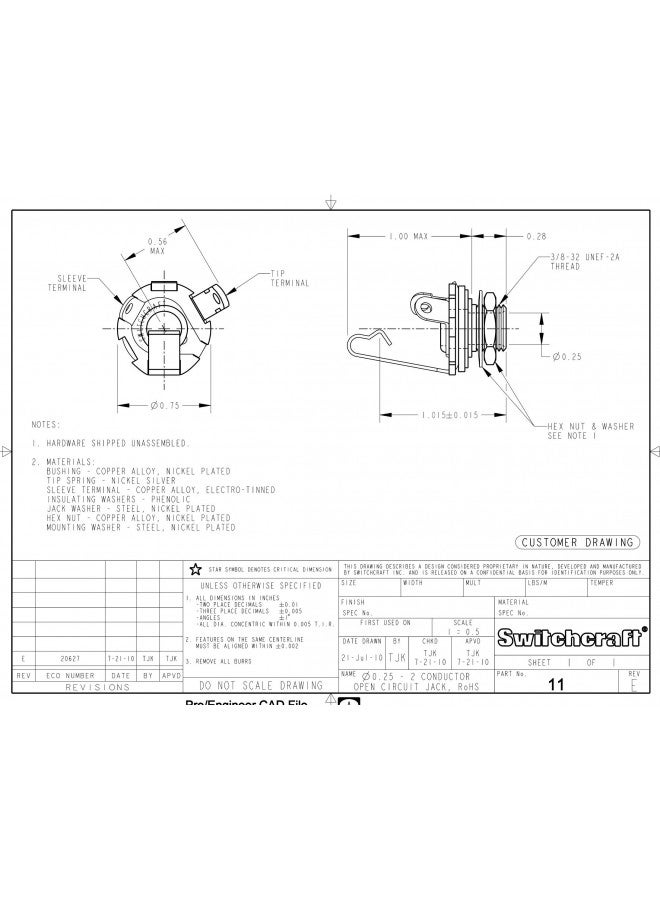Switchcraft Switchcraft 1/4" Mono 2-Conductor Input Jack, Open Circuit (Type 11) - Image 4