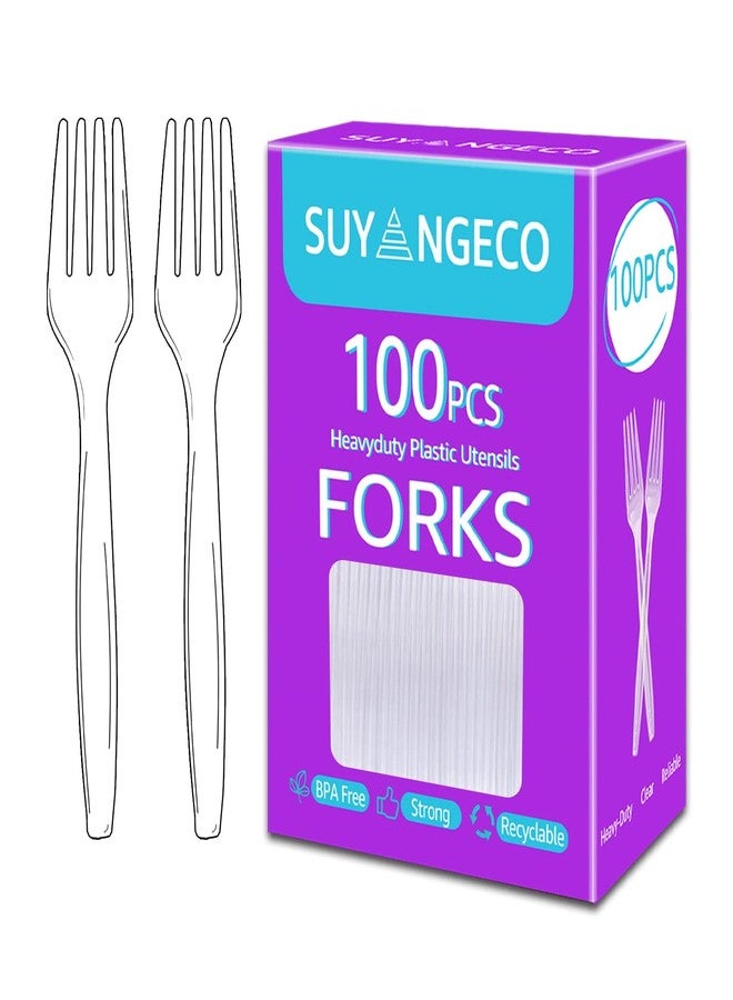 SUYANGECO [100 Count] Heavy Duty Clear Plastic Forks Disposable Plastic Fork Bulk Utensils Reusable Cutlery Set Thick Plasticware Silverware for Party,Every Day Use,Picnic,Camping,Wedding,Barbecues - Image 1