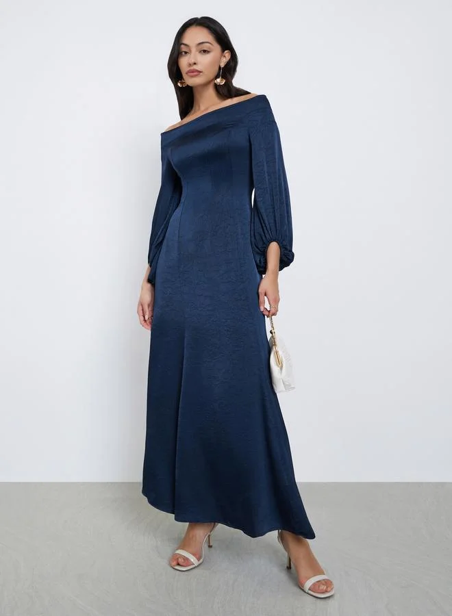 Styli Navy Blue Off Shoulder Maxi Evening Dress