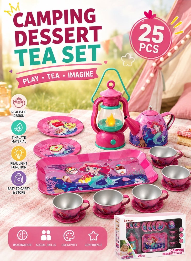 Saudi Select 25-piece Princess Afternoon Tea Set, Camping Tea Set, Children's Pretend Play Kitchen Toy, includes desserts, cookies, teapot tray, cake, and suitcase toy; a gift for girls aged 3 and up (mermaid toy). - Image 1