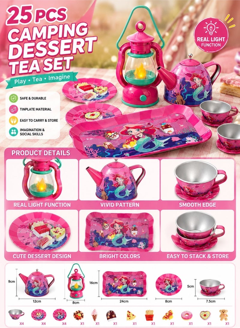 Saudi Select 25-piece Princess Afternoon Tea Set, Camping Tea Set, Children's Pretend Play Kitchen Toy, includes desserts, cookies, teapot tray, cake, and suitcase toy; a gift for girls aged 3 and up (mermaid toy). - Image 2