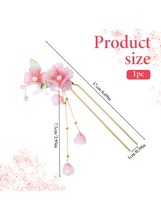 Chinese Hanfu Style Hair Sticks, Pink Flower Tassel Dangling Hairpin, Retro Resin Handmade Peach Blossom Hair Fork Bridal Hair Ornaments for Women Girls - Image 2