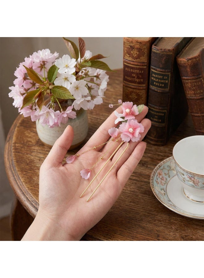 Chinese Hanfu Style Hair Sticks, Pink Flower Tassel Dangling Hairpin, Retro Resin Handmade Peach Blossom Hair Fork Bridal Hair Ornaments for Women Girls - Image 3