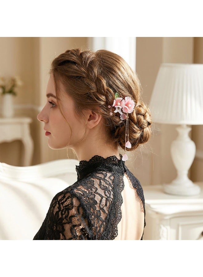 Chinese Hanfu Style Hair Sticks, Pink Flower Tassel Dangling Hairpin, Retro Resin Handmade Peach Blossom Hair Fork Bridal Hair Ornaments for Women Girls - Image 5