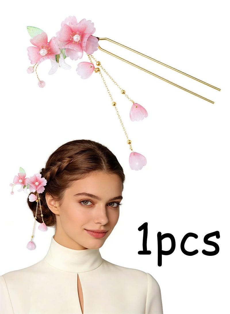 Chinese Hanfu Style Hair Sticks, Pink Flower Tassel Dangling Hairpin, Retro Resin Handmade Peach Blossom Hair Fork Bridal Hair Ornaments for Women Girls - Image 1