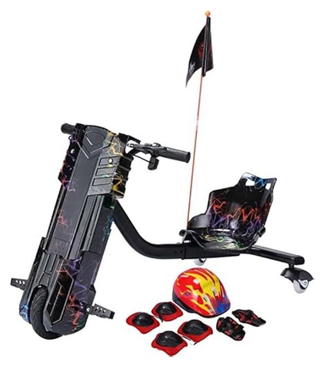 البدر سكوتر كهربائي دريفتينج من البدر مع وسادة خوذة، وسادات للركبة والمرفق 36 فولت، مع 3 سرعات، دريفت كبير الحجم مع اضواء LED وبلوتوث، اسود، من البدر، هيكل يحتوي على سبيكة صلب - Image 1