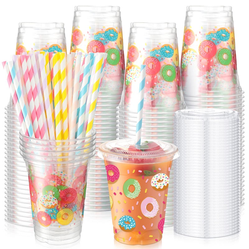 meekoo 50 Sets Donut Cup with Flat Lids and Straws 12 oz Doughnut Sprinkle Plastic Cups Clear Drink Disposable Cups with Lids for Smoothie Donut Grow up Birthday Party Baby Shower Summer Holiday - Image 1