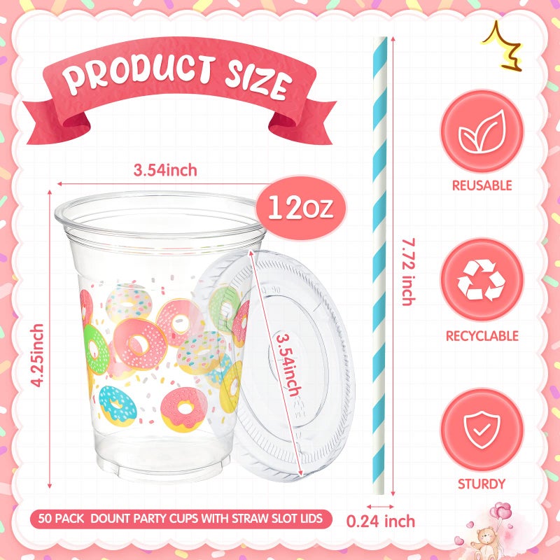 meekoo 50 Sets Donut Cup with Flat Lids and Straws 12 oz Doughnut Sprinkle Plastic Cups Clear Drink Disposable Cups with Lids for Smoothie Donut Grow up Birthday Party Baby Shower Summer Holiday - Image 4