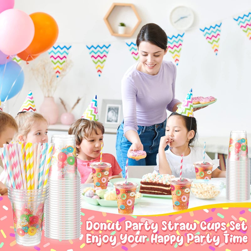 meekoo 50 Sets Donut Cup with Flat Lids and Straws 12 oz Doughnut Sprinkle Plastic Cups Clear Drink Disposable Cups with Lids for Smoothie Donut Grow up Birthday Party Baby Shower Summer Holiday - Image 3