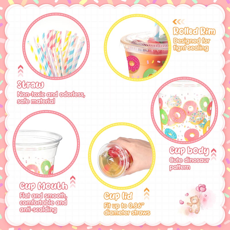 meekoo 50 Sets Donut Cup with Flat Lids and Straws 12 oz Doughnut Sprinkle Plastic Cups Clear Drink Disposable Cups with Lids for Smoothie Donut Grow up Birthday Party Baby Shower Summer Holiday - Image 5