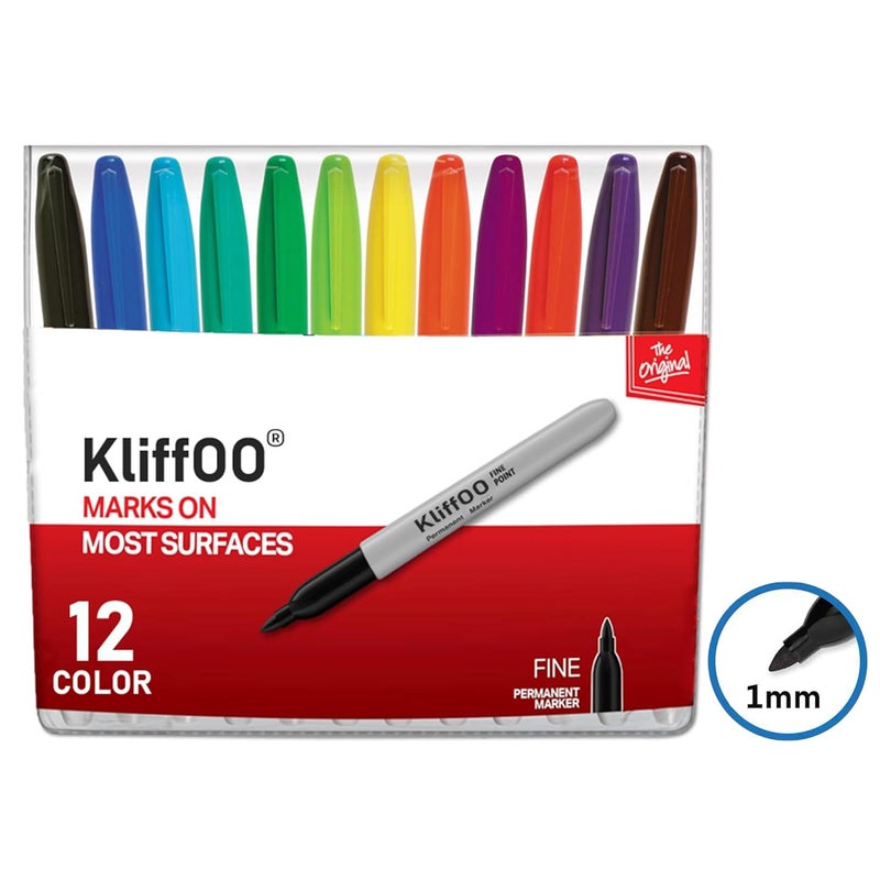 KLIFFOO 12 لون قلم تحديد دائم، قلم فني ملون ذو رأس دقيق للرسم، الكتابة، الطلاء، والتخطيط، يعمل على الخشب، البلاستيك، المعدن، وأكثر (12) - Image 2