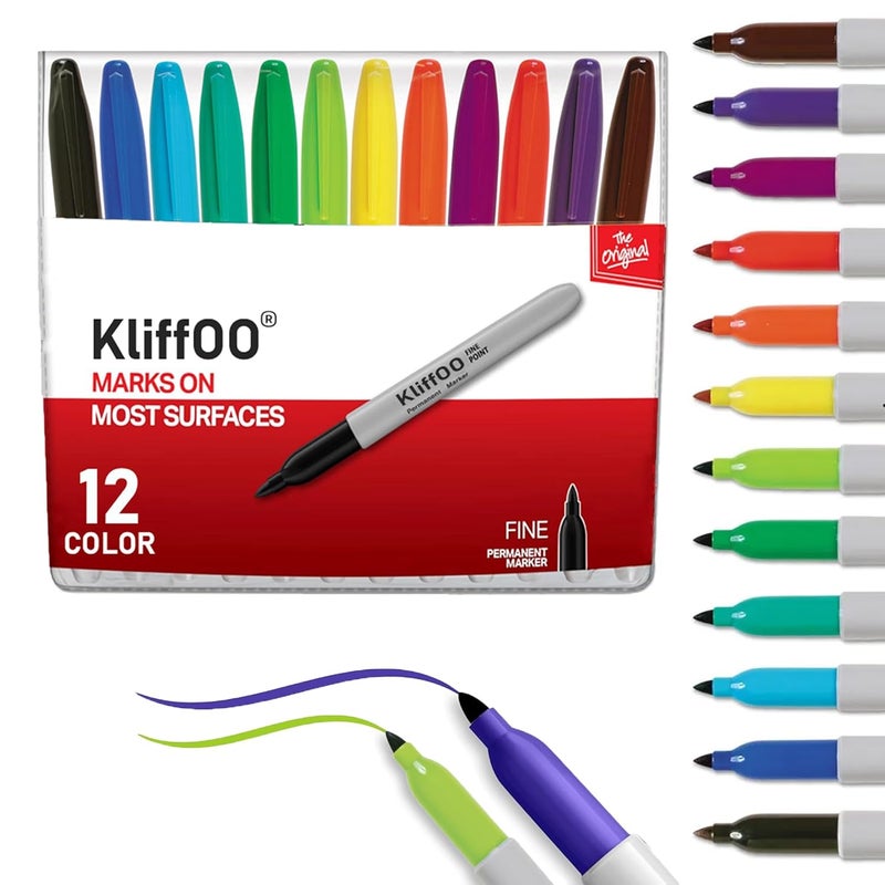 KLIFFOO 12 لون قلم تحديد دائم، قلم فني ملون ذو رأس دقيق للرسم، الكتابة، الطلاء، والتخطيط، يعمل على الخشب، البلاستيك، المعدن، وأكثر (12) - Image 1