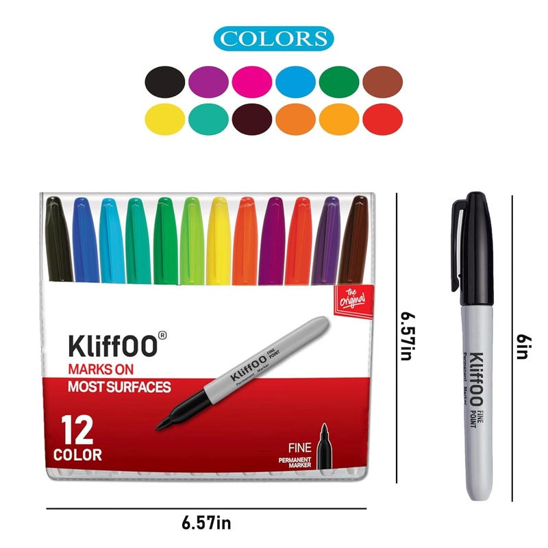 KLIFFOO 12 لون قلم تحديد دائم، قلم فني ملون ذو رأس دقيق للرسم، الكتابة، الطلاء، والتخطيط، يعمل على الخشب، البلاستيك، المعدن، وأكثر (12) - Image 3