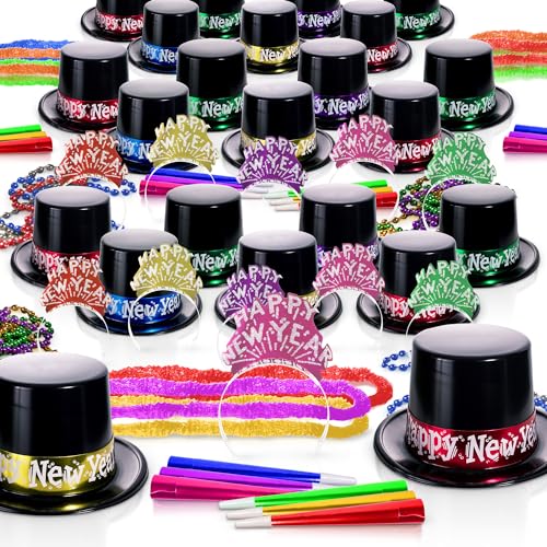 Party Time Colorful Metallic New Years Eve 2026 Party Kit for 50 Guests Metallic 125 pieces Black Top Hats Colorful Tiaras Horns Leis Beaded Necklaces Happy New Year Bulk Supplies - Image 1