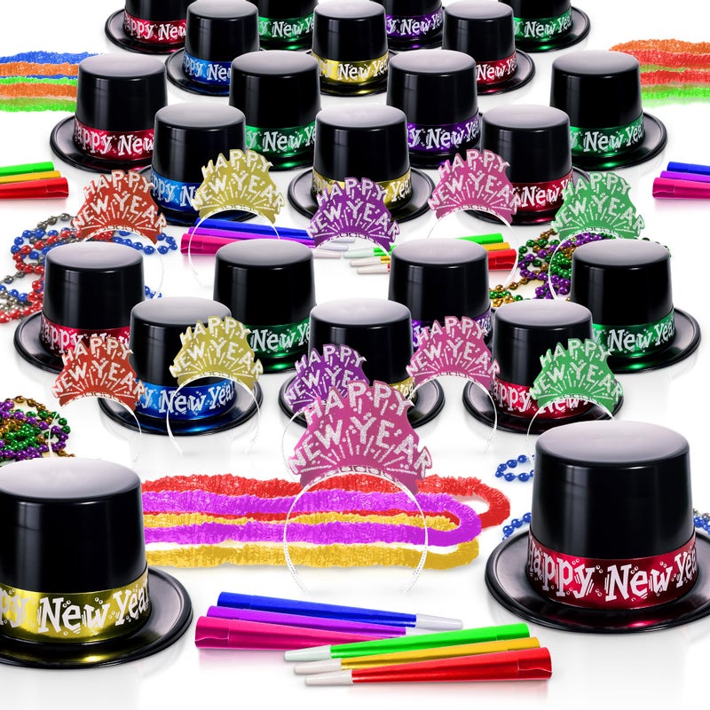 Party Time Colorful Metallic New Years Eve 2026 Party Kit for 50 Guests Metallic 125 pieces Black Top Hats Colorful Tiaras Horns Leis Beaded Necklaces Happy New Year Bulk Supplies - Image 2