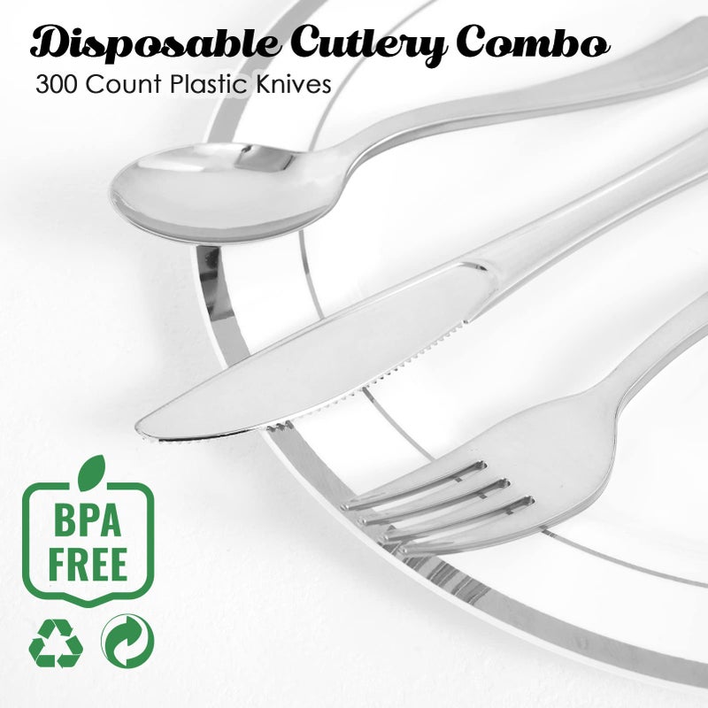 FOCUSLINE FOCUSLINE 300 Pack Disposable Silver Plastic Knives  Solid and Durable Plastic Cutlery Knives  Heavy Duty Disposable Utensil Silverware for Catering  Parties  Dinners  Weddings  - Image 5
