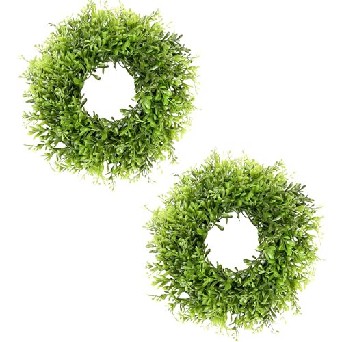 Vlorart 12 Inch Small Boxwood Wreath for Front Door, 2 Pcs Small Green Wreath Artificial Boxwood Wreaths Weatherproof, Spring Summer Mini Wreaths for Cabinets Window Wedding Farmhouse Indoor Outdoor - Image 1