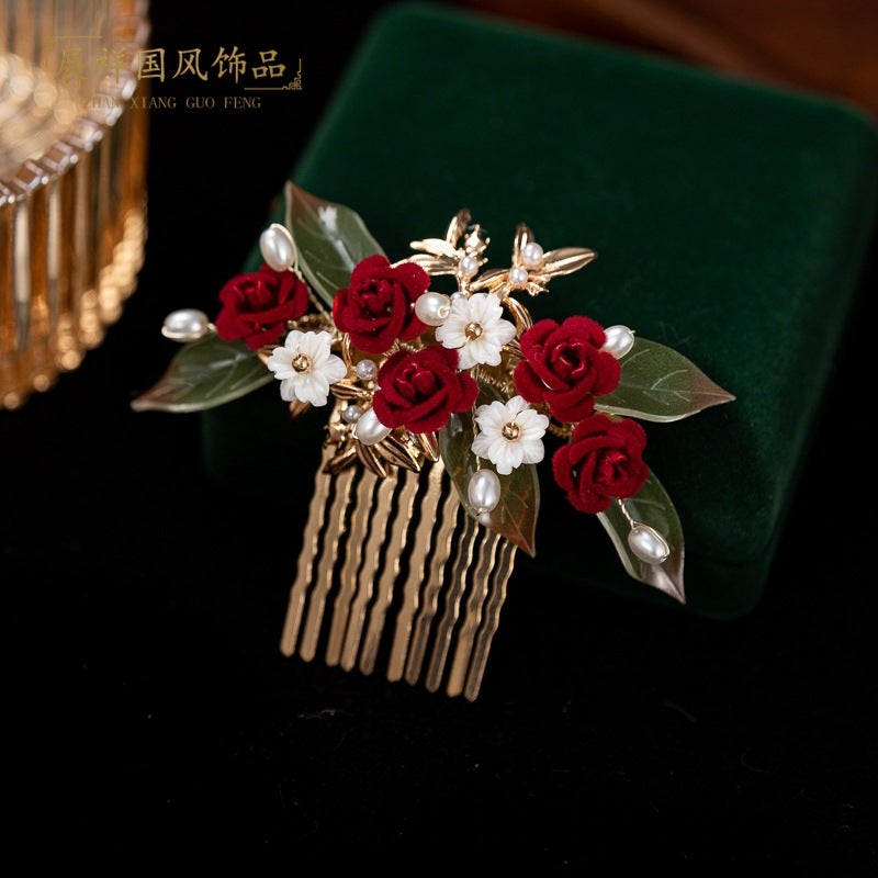 Generic Bride Toast Dress Headdress New Style Red Simple Atmospheric Green Leaf Rose Wedding Dress Wedding Hair Accessories Set for WomenRose green leaf series (hair comb) Rose green leaf series (hair comb)