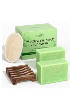 Tea Tree Oil Soap Bar for Face & Body Wash All Natural Organic Bath Soaps Acne Hand Foot Body Oder Moisturizer Plant Deodorant Facial Cleanser Women Men with Soap Holder Body Scrubber Mesh Soap Bag