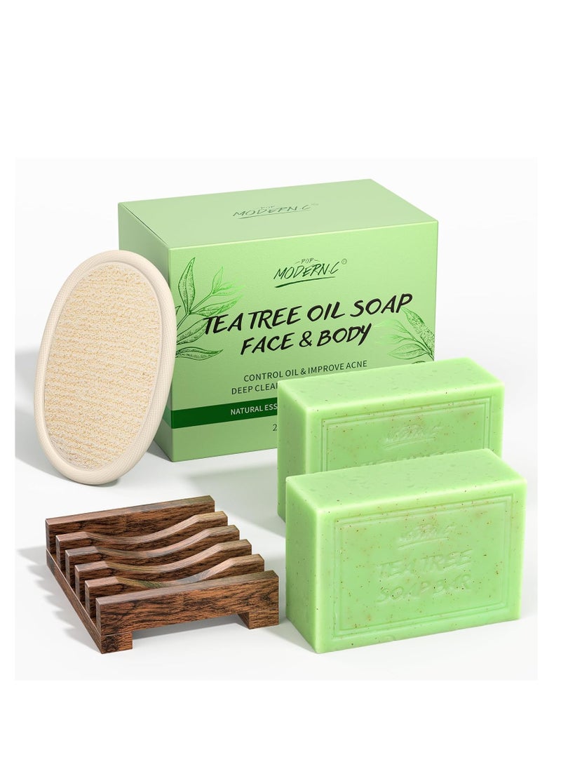 POP MODERN.C - Tea Tree Oil Soap Bar for Face & Body Wash All Natural Organic Bath Soaps Acne Hand Foot Body Oder Moisturizer Plant Deodorant Facial Cleanser Women Men with Soap Holder Body Scrubber Mesh Soap Bag - Image 1