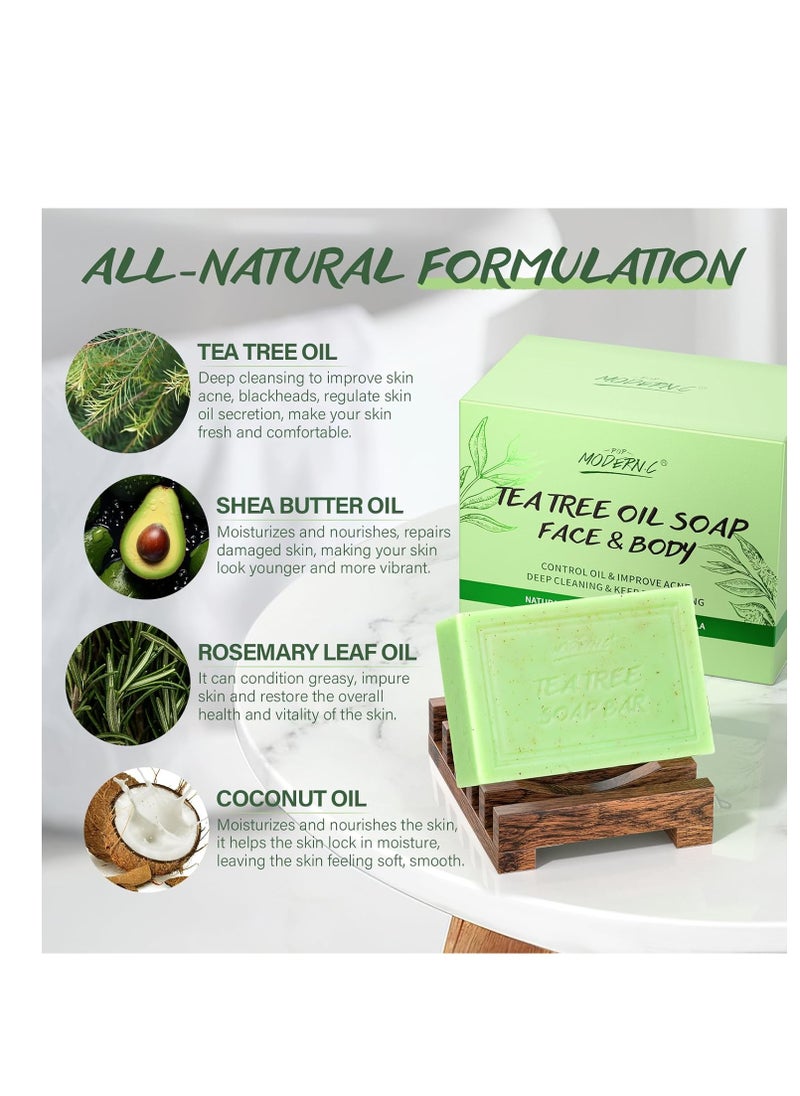 POP MODERN.C - Tea Tree Oil Soap Bar for Face & Body Wash All Natural Organic Bath Soaps Acne Hand Foot Body Oder Moisturizer Plant Deodorant Facial Cleanser Women Men with Soap Holder Body Scrubber Mesh Soap Bag - Image 1
