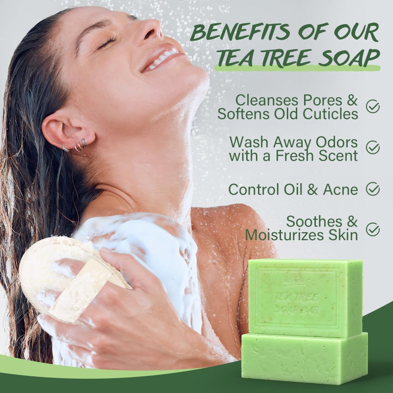 POP MODERN.C Tea Tree Oil Soap Bar for Face & Body Wash All Natural Organic Bath Soaps Acne Hand Foot Body Oder Moisturizer Plant Deodorant Facial Cleanser Women Men with Soap Holder Bag Scrubber Mesh - Image 2
