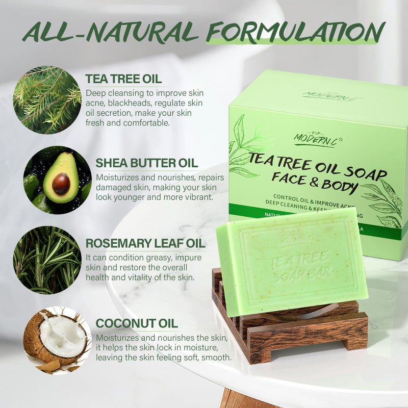 POP MODERN.C Tea Tree Oil Soap Bar for Face & Body Wash All Natural Organic Bath Soaps Acne Hand Foot Body Oder Moisturizer Plant Deodorant Facial Cleanser Women Men with Soap Holder Bag Scrubber Mesh - Image 3