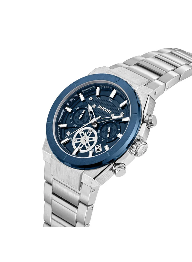 دوكاتي Ducati Men's Chronograph Watch with Blue Textured Dial, Contrast Accents, Stainless Steel Bracelet, Water Resistant to 50m, 43.5mm Case – Precision Meets Style for Any Occasion