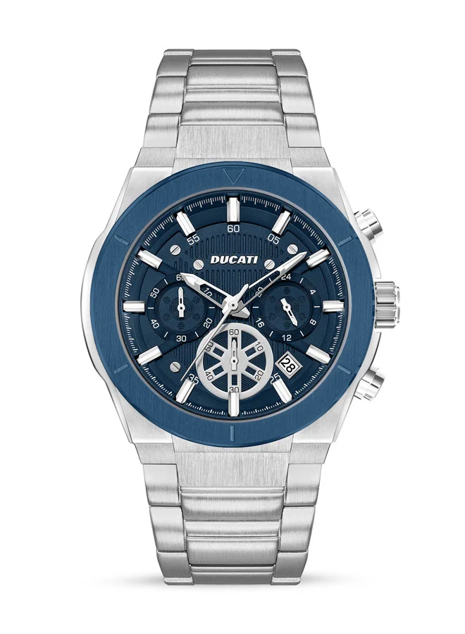 دوكاتي Ducati Men's Chronograph Watch with Blue Textured Dial, Contrast Accents, Stainless Steel Bracelet, Water Resistant to 50m, 43.5mm Case – Precision Meets Style for Any Occasion