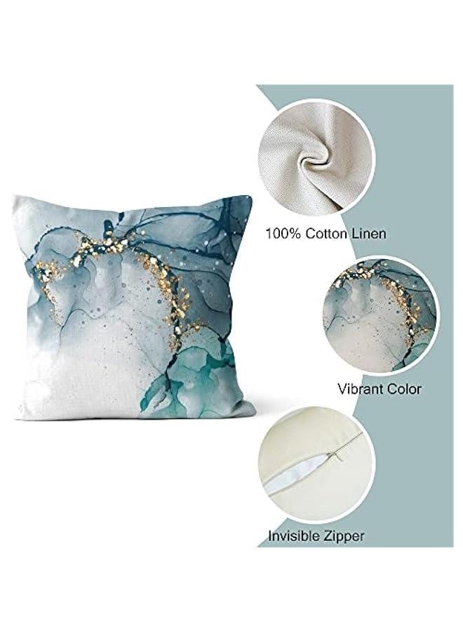 Marble Pillow Covers 18x18 Inch, Ink Blue Luxury Liquid Marble Modern Pillow Covers Teal and Gold Square Cotton Linen Couch Pillow Cases for Home Decor, Set of 4 (No Insert Included)  - Image 3