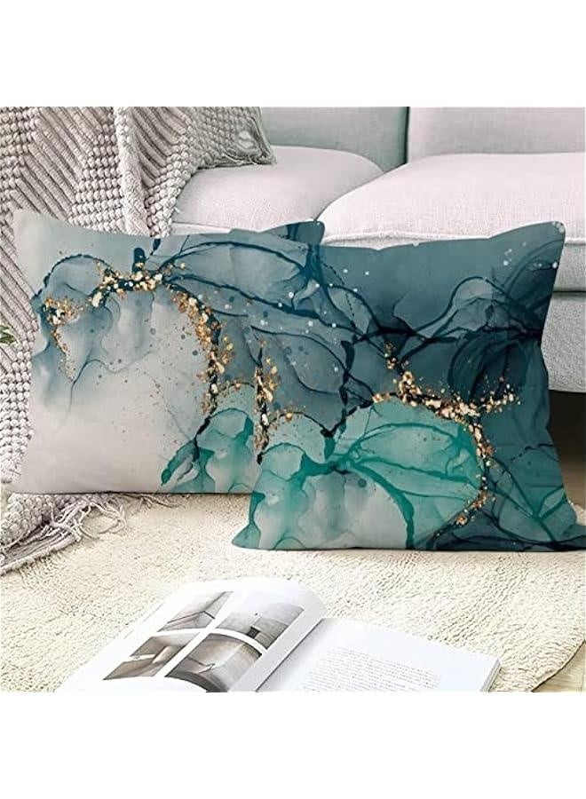 Marble Pillow Covers 18x18 Inch, Ink Blue Luxury Liquid Marble Modern Pillow Covers Teal and Gold Square Cotton Linen Couch Pillow Cases for Home Decor, Set of 4 (No Insert Included)  - Image 4