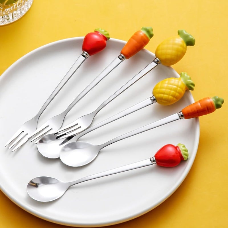 (6 Pieces) Personalized Fruit Ceramic Handle Small Fork Stainless Steel Fruit Fork Dessert Moon Cake Fork Coffee Spoon - Image 3