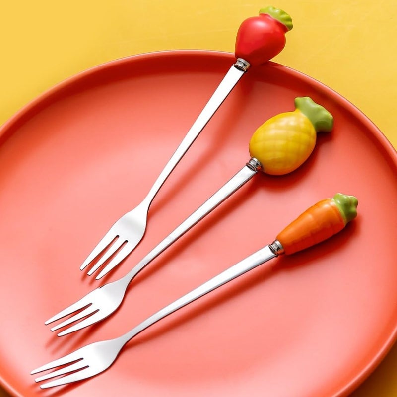 (6 Pieces) Personalized Fruit Ceramic Handle Small Fork Stainless Steel Fruit Fork Dessert Moon Cake Fork Coffee Spoon - Image 4