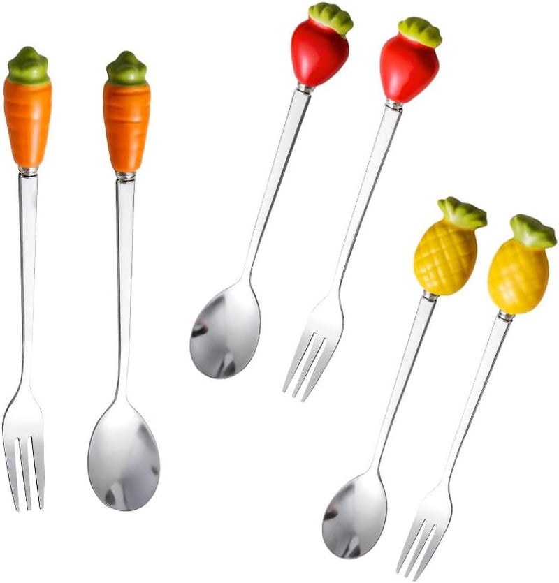 (6 Pieces) Personalized Fruit Ceramic Handle Small Fork Stainless Steel Fruit Fork Dessert Moon Cake Fork Coffee Spoon - Image 1