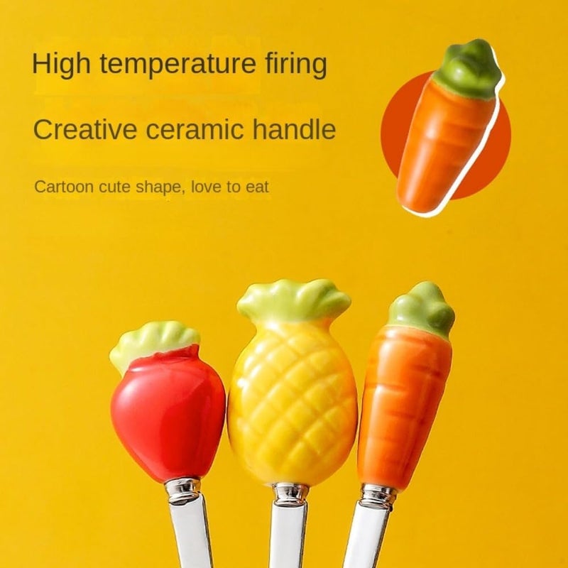(6 Pieces) Personalized Fruit Ceramic Handle Small Fork Stainless Steel Fruit Fork Dessert Moon Cake Fork Coffee Spoon - Image 5