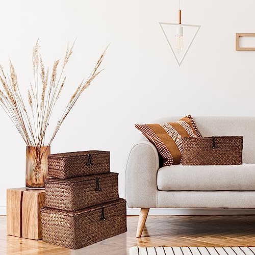 Woanger Set of 4 Wicker Storage Baskets Organizer，Handwoven Storage Bins with Lid for Organizing, Home Utility Box for Home Office Supplies Multipurpose Container(Coffee) - Image 4