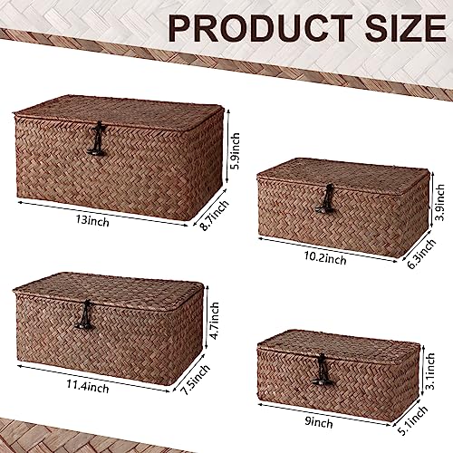 Woanger Set of 4 Wicker Storage Baskets Organizer，Handwoven Storage Bins with Lid for Organizing, Home Utility Box for Home Office Supplies Multipurpose Container(Coffee) - Image 2