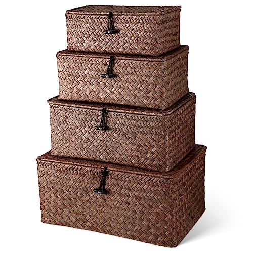 Woanger Set of 4 Wicker Storage Baskets Organizer，Handwoven Storage Bins with Lid for Organizing, Home Utility Box for Home Office Supplies Multipurpose Container(Coffee) - Image 1