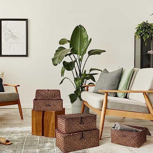 Woanger Set of 4 Wicker Storage Baskets Organizer，Handwoven Storage Bins with Lid for Organizing, Home Utility Box for Home Office Supplies Multipurpose Container(Coffee) - Image 5