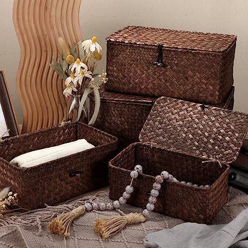 Woanger Set of 4 Wicker Storage Baskets Organizer，Handwoven Storage Bins with Lid for Organizing, Home Utility Box for Home Office Supplies Multipurpose Container(Coffee) - Image 3
