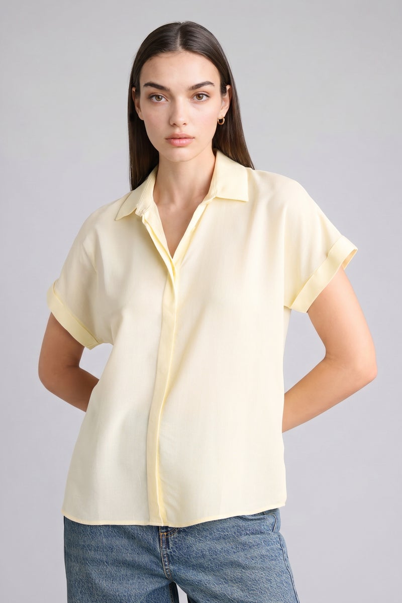 DeFacto Yellow Woman Regular Fit Shirt Collar Short Sleeve Shirt Casual - Image 3