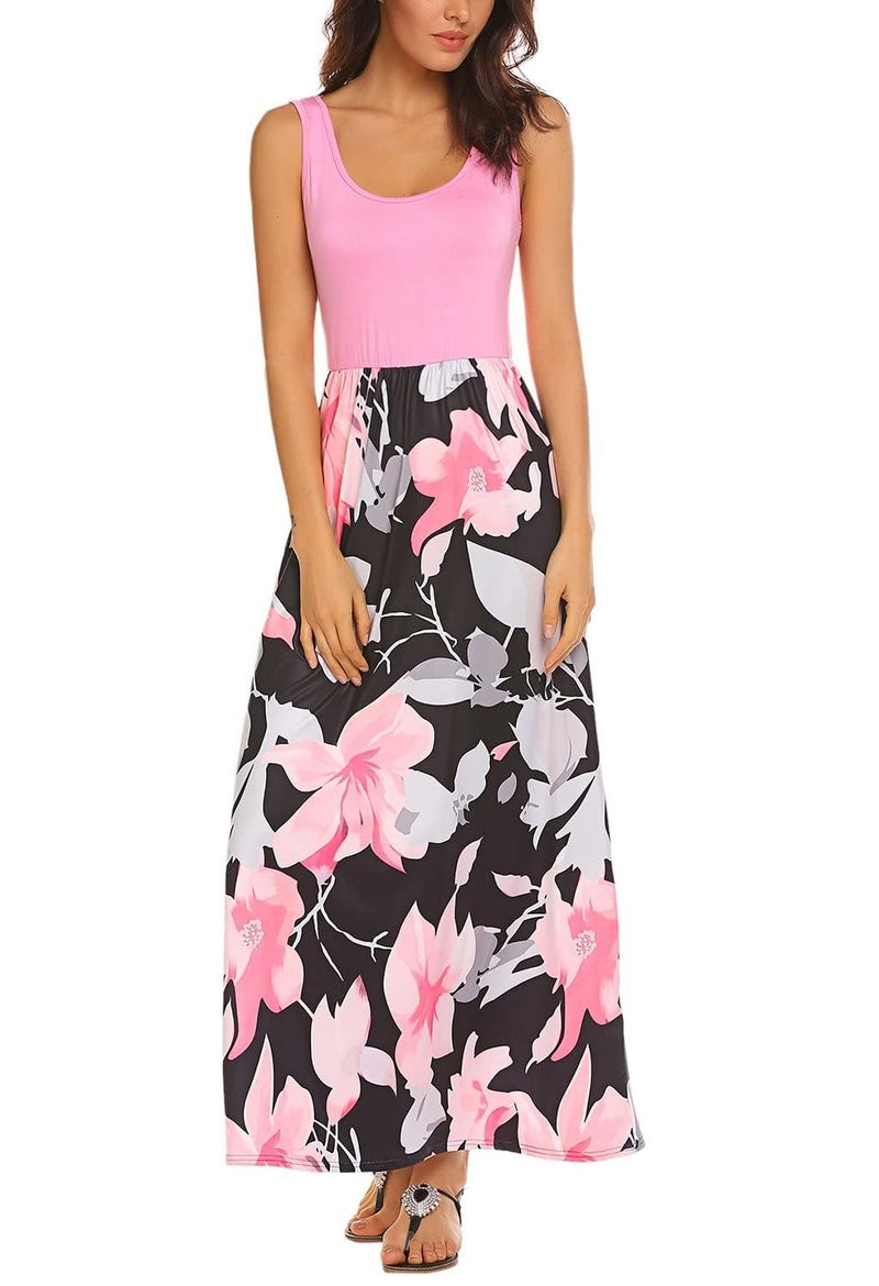 Bluetime Women's Floral Print Flowy Party Maxi Dress Summer Beach Bohemian Sundress (Pink, XXL) - Image 3