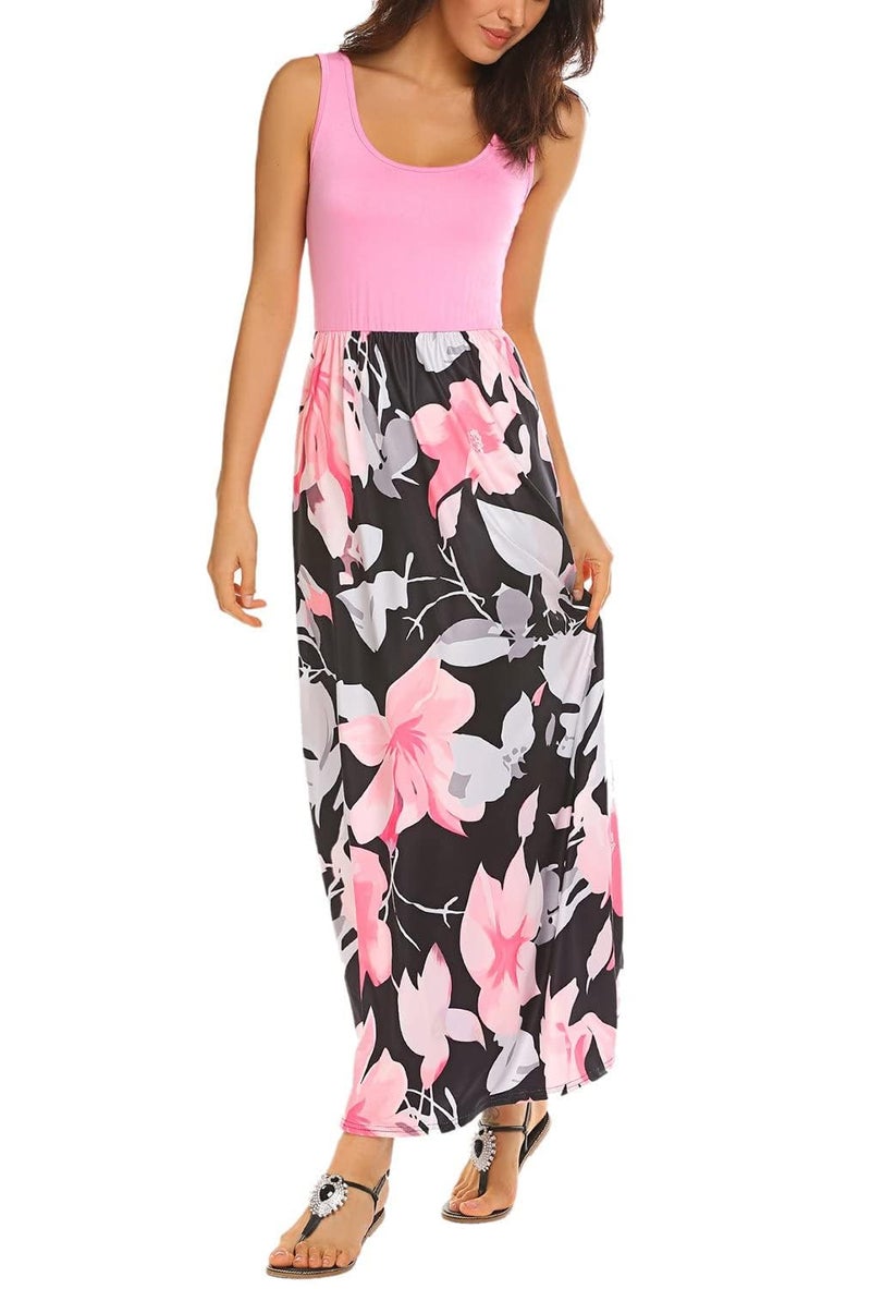 Bluetime Women's Floral Print Flowy Party Maxi Dress Summer Beach Bohemian Sundress (Pink, XXL) - Image 2