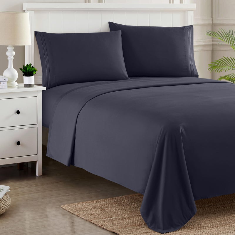 1800 Thread Count Sheet Set - Soft Egyptian Quality Brushed Microfiber Sheets - Luxury Bedding Set with Flat Sheet  Fitted Sheet  2 Pillow Cases  Navy